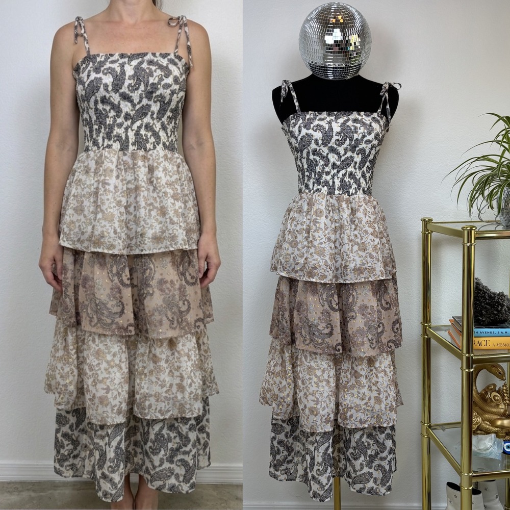 Paisley Tiered Maxi Dress, Smocked Gold, Small Blue Rain Francesca's EMORY Boho